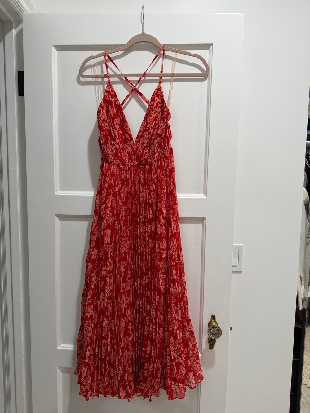 Fame and Partners Red Floral V-Neck Pleated Maxi Dress
